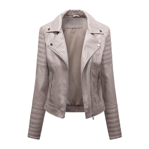Silunma2021 Chaqueta casual de cuero fino para mujer, con cremallera y solapa, abrigos ligeros, color liso, ropa exterior con bolsillo (caqui rosa, 4XL)