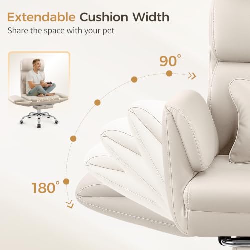 Image of Big and Tall Office Chair 500LBS, Ergonomic High Back Leather Executive Chair, Reclining Swivel with Adjustable Armrests Lumbar Support Footrest, Cross Legged, Beige