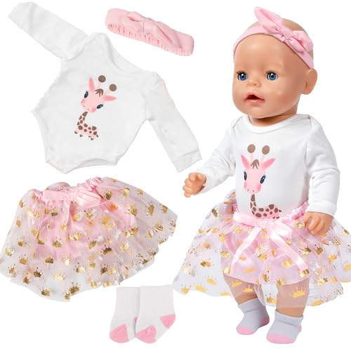Baby Puppen Puppenkleidung Kompatibel mit 35-43 cm New Born Baby Puppen, 4 Teiliges Puppenkleidung, Bestehend aus Tutu Rock Haarband Socken, Pink Giraffe Kleidung für 14-17 Zoll BAB y Puppe