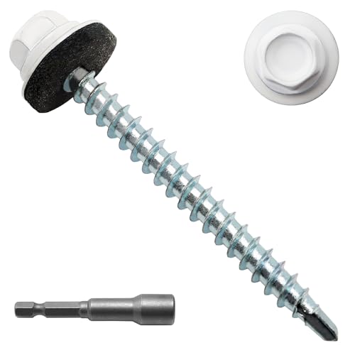 JEGONFRI 200pcs #10 x 2 White Hex Head Self-Drilling Metal Roofing Screws, EPDM Washer, Colored Head, Wood Screws, Sheet Metal Roof Screw with Hex Driver Bit (White, 2 in) by JEGONFRI - Used condition - US$22.74