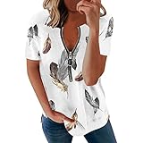 Womens Summer Tops Women Fashion Top Shirts Print Tunic V Neck Zipper Loose Top Short Sleeve Elegant