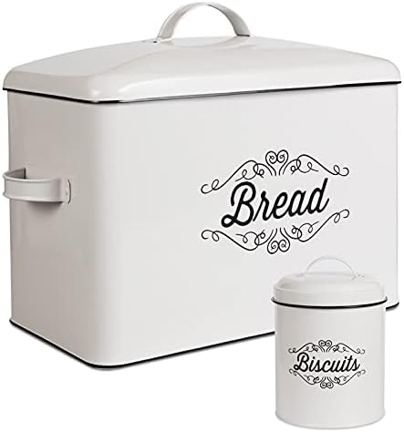 nonacasa Farmhouse Bread Box For Kitchen Countertop Extra Large Bread box White Bread Container with Matching Biscuit Tin in Metal, Rustic Bread Boxes For Kitchen Counter (Farmhouse Styling)