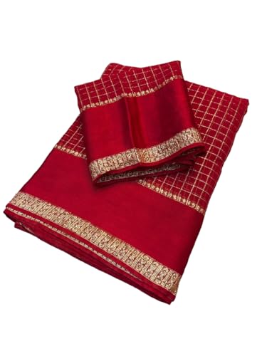 AVOJEE Pure Viscose Silk Saree with Zari Checkered Pattern, Heavy Woven Border, Blouse Piece, Red, Black, Purp