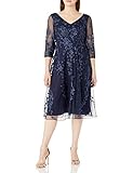 Full Skirt Alex Evenings Damen Tea Length Embroidered Dress Illusion Sleeves (Petite Missy) Kleid fr besondere Anlsse, Marineblaues Blumenmuster, 38