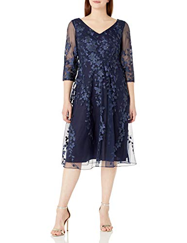Image of Alex Evenings Womens Tea Length Embroidered Cocktail Dress with Illusion Sleeves, Wedding Guest (Petite and Regular Sizes)