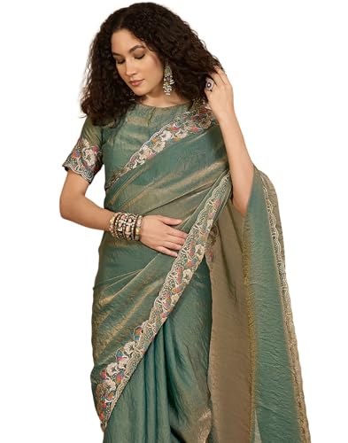 Image of SIRIL Women's Shimmer Georgette Scalloped Border Sequins Embroidery Saree with Unstitched Blouse Piece