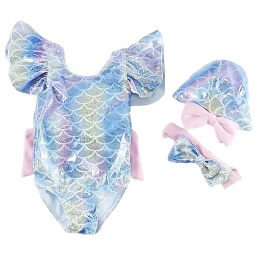 Girls One Piece Swimsuit Set, Mermaid Bathing Suit with Swim Cap Hair Band for Girls, Kids Swimwear for Ages 5-9