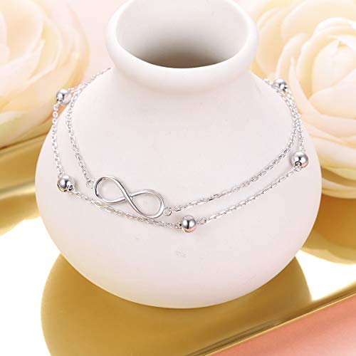 Image of Flyow Anklet for Women S925 Sterling Silver Adjustable Foot Beaded Heart Charm Ankle Bracelet Anklets Jewelry