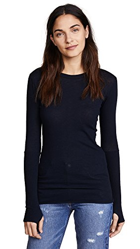 Enza Costa womens Cashmere Long Sleeve Cuffed Crew With Thumbhole T Shirt, Cadet, Large US