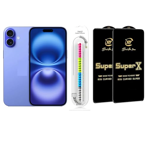 Image of Edge To Edge Tempered Glass Screen Protector Compatible With iPhone 16, 9H Hardness, Anti-Fingerprint, FHD Clear With Cable Protector Pack 2