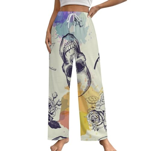 Vêtement pantalon de nuit femme au motif crâne aquarelle pour vos soirées