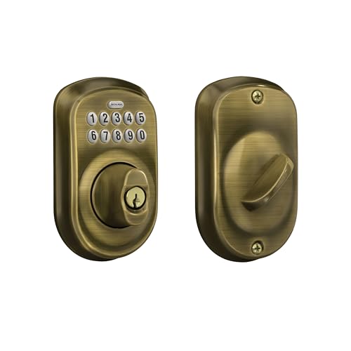 Image of Schlage Plymouth Electronic Keypad Deadbolt Lock, Keyless Front Door Entry, Mechanical Key Backup Included, Antique Brass, BE365 V PLY 609