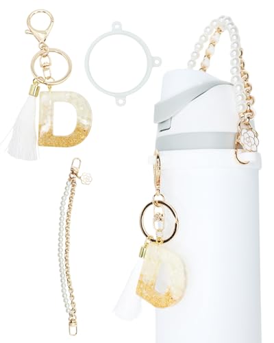 TOVICE Letter Accessories for Owala Water Bottle 24-40oz, 3PC Cute Initial Keychain & Water Bottle Handle Strap with a Thick Elastic Silicone Ring Holder (White, D)