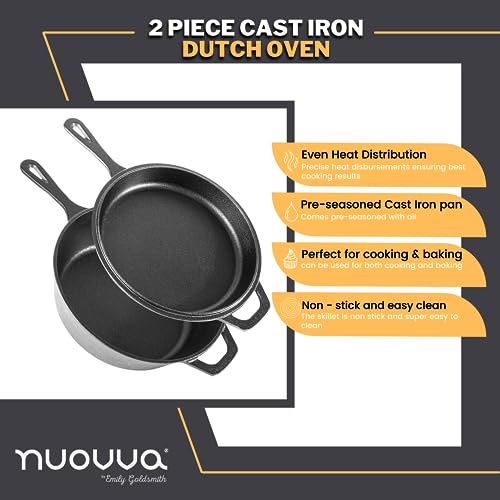 nuovva Pre Seasoned Dutch Oven Pot - Cast Iron Frying Pan Griddle - 2in1 Combo Cooker Skillet Lid – 3.2 Quart Dutch Oven, 10.25 inch Skillet - Image 2