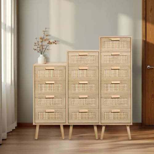 Finnhomy Rattan Chest of Drawers Bedroom, Tall Chester Drawers with 5 Hand Made Rattan Decorated Drawers for Bedroom, Small Bedside Cabinet with Wood Legs, Natural - Image 7