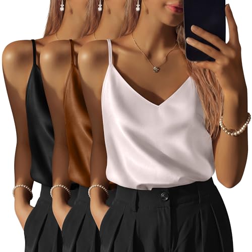 Image of 3 Pack Women's Silk Satin Camisoles V Neck Tank Tops | 95% Polyester, 5% Spandex, Adjustable Spaghetti Strap, Loose Blouse, Daily Wear, Sleeveless, Classic V Neck