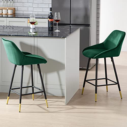 Counter Height Bar Stools Set Of 2,Velvet Bar Chairs Modern Premium Upholstered Kitchen Island Stools With Metal Foot For Kitchen,Cafe Dinner,Pub(Green,Set Of 2) #TOP3
