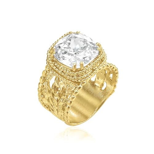 JEAN RACHEL JEWELRY 14K Gold Plated Silver Ring - Granule Braid Leaf with Cubic Zirconia Vintage Design - Hypoallergenic, Lead & Nickel Free - Artisan Handcrafted Statement Rings for Women by JEAN RACHEL JEWELRY - Used condition - US$135.15