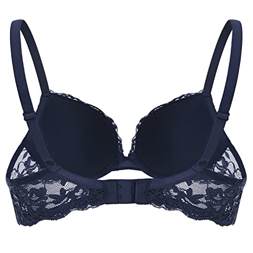 Wingslove Women's Push Up Lace Bra Comfort Everyday Lift Up Bra Underwire Padded Navy Blue #TOP2