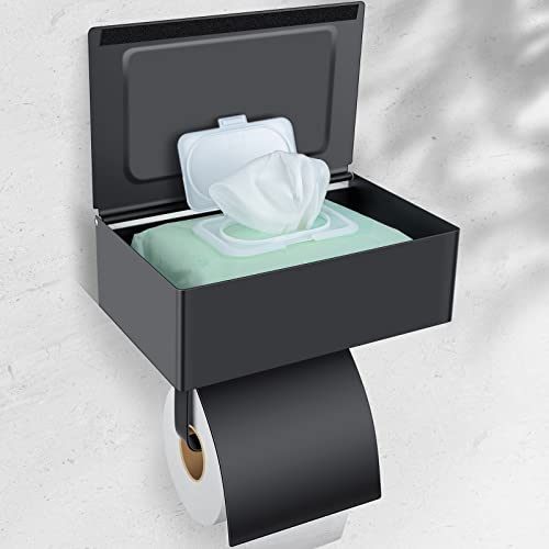 Toilettenpapierhalter mit Feuchttuchspender, Klopapierhalter Wandhalterung mit Abdeckplatten, WC Papier Halterung mit Aufbewahrung, Edelstahl Badezimmer Set, Mattschwarzer Cover