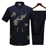 Chinese Traditional Tang Clothing Top Mandarin Collar Kung Fu Wing Chun Garment Top Short Sleeve Embroidery Dragon Shirt(Color 08,57.5-70kg)
