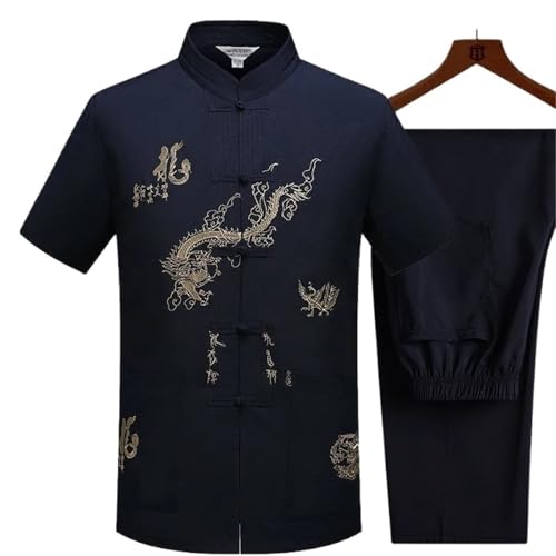 Chinese Traditional Tang Clothing Top Mandarin Collar Kung Fu Wing Chun Garment Top Short Sleeve Embroidery Dragon Shirt(Color 08,57.5-70kg)