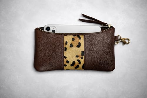 Image of Tee Ess Genuine Leather Multipurpose Pouch with Leopard Print Accent, Black, Handheld Wallet Organizer for Phone, Cards, Cash, Coins (Brown Leopard)