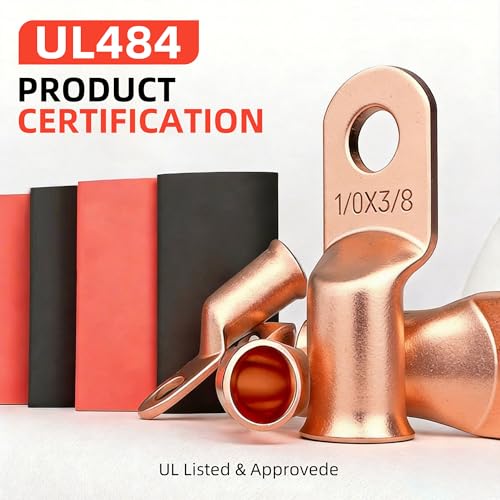 Image of 10pcs 1 /0 AWG-3 /8 inch Battery Lugs,Battery Cable Ends,Heavy Duty Copper Wire Lugs,Tubular Ring Terminals,AWG Crimp Wire Ring Lugs,Battery Terminal Connectors with 3:1 Heat Shrink Tubing