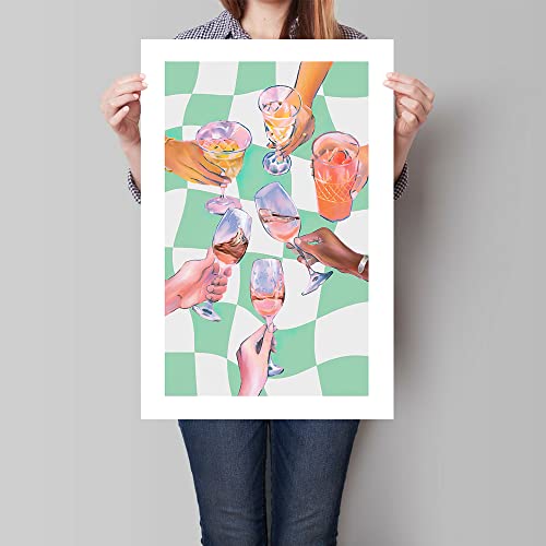 Funky Sage Green Cheers Cocktail Poster Checkered Art Print Preppy Wall Art Decor Vintage Room Aesthetic Art Teen Wall Decor Living Room Bedroom Dining Room Bar Cart Decor Canvas 12X16Inch Unframed #TOP3