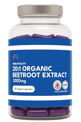 Pure Vitality: Organic Beetroot Capsules 3000mg | High Strength Blood Pressure & Digestion Support | Nitric Oxide Superfood Booster | 120 Vegan Capsules
