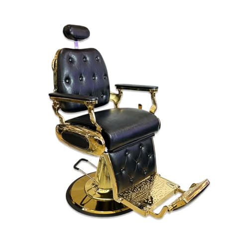 JNC Janice Cadeira de barbeiro urso cadeira de barbeiro Ouro com pé hidráulico, giratório, elevável, reclinável e com cabeça.