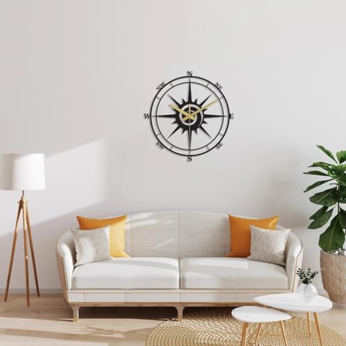 Image of Modern Compass Wall Clock, Oversized Wall Clock, Metal Wall Clock, Large Wall Clock, Minimalist Wall Clock, Silent Wall Clock, Gear Wheel Wall Clock (15.7 Inch)