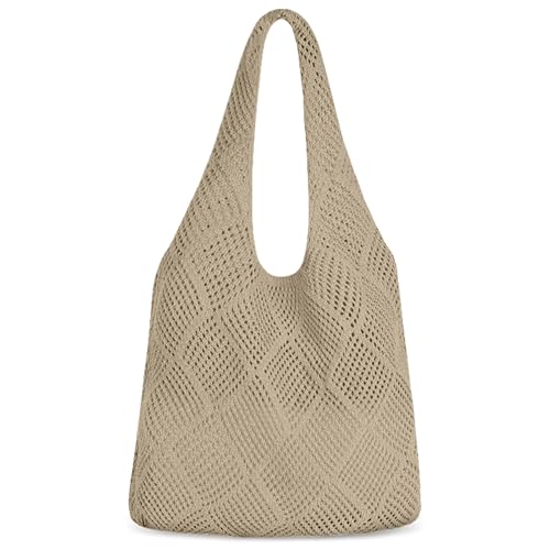 Aucuu Women Knitted Handbags, Retro Hollow Woven Shoulder Bags, Boho Shoulder Bag, Crochet Mesh Tote Bag, Beach Bag for Women, Travel Shopping Handbag for Holiday, Daily Work, Shopping, Travel-Khaki