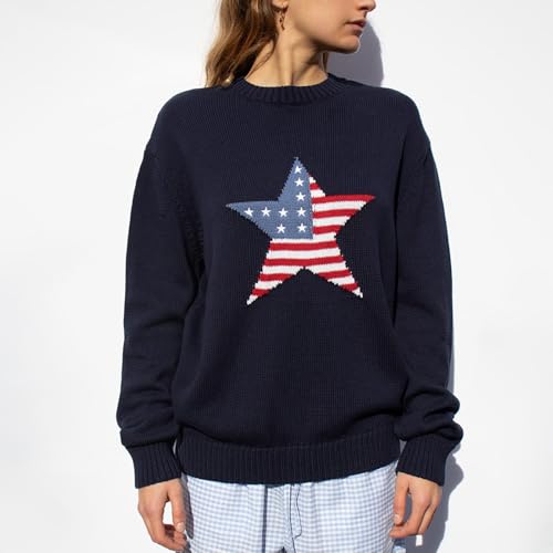Image of Womens American Flag Sweater Long Sleeve Crew Neck Star Graphic Knit Pullover Tops Casual Loose USA Sweater