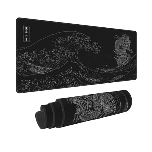 UYEUGV Japanese Anime Dragon Sea Wave Mouse Pad Large Gaming XL Black and White Desk Mat Extend Long Mousepad for Computer Laptop Office Non-Slip Rubber Stitched Edges 31.5 x 11.8 Inch