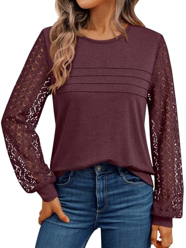 AUTOMET Women's Long Sleeve Tops Dressy Casual Shirts 2025 Fall Outfits Lace Business Blouses Cute T-Shirts Work Clothes