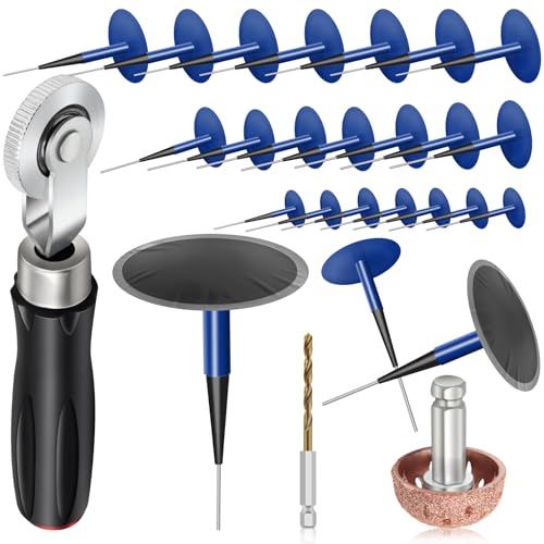 Anglekai 24+3PCS Tire Patch Kit, 24PCS Tire Repair Patch Plug Tool (36/46 / 60 mm)/ Patch Roller Tool/Repair Buffing Wheel/Hex Shank Drill Bit by Anglekai - Used condition - US$21.13