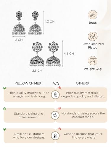 Image of Yellow Chimes Earrings for Women and Girls Traditional Silver Oxidised Jhumka German Silver Earring Set Dome Shaped Dangler Jhumki Earrings Combo | Birthday Gift For Girls and Women