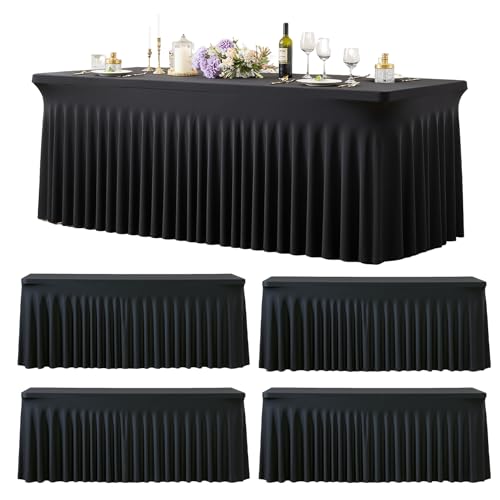 4 Pack 6ft Black Spandex Tablecloths for Rectangle Tables Wrinkle Free Black Rectangle Table Cloths Stretch Fitted Table Cover with Skirt for Wedding Birthday Party Banquet Baby Shower Buffet Event