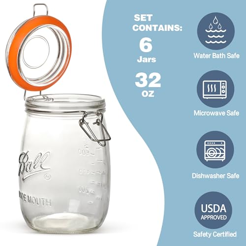 6 Pack 32oz Wide Mouth Glass Mason Jars with Airtight Lid & Measurement Marks Glass Canisters