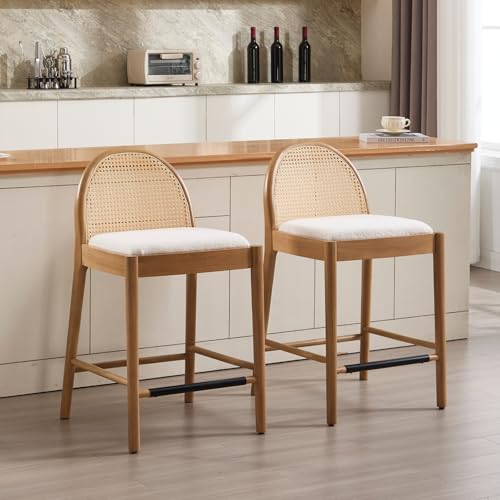 HEAH-YO Rattan Counter Stools Set of 2, 26 Inches Counter Height Bar Stools with Rattan Backrests and Wood Legs, Farmhouse Upholstered Sherpa Kitchen Stool for Island, White