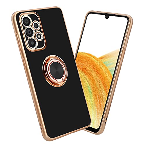 Cadorabo Housse Compatible avec Samsung Galaxy A33 5G en Glossy Noir - Or avec Anneau - Étui de Protection en Silicone TPU, avec Protection pour Appareil Photo et Support Voiture magnétique Cover