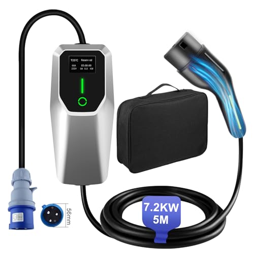 AWESAFE Caricabatterie per Veicoli elettrici, EV Charger Cavo Ricarica Auto elettrica Tipo 2,con Spina Blu CEE (Tipo 2 | 5M, 7,2KW | 32A) Adatto per Model Y/3, 500e, e-208 e Altri EV/PHEV