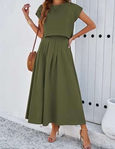 Image of Mingzhu Womens 2 Piece Outfits Skirt Set Summer Casual Cap Sleeve Crop Tops Maxi Dress Sets with Pockets