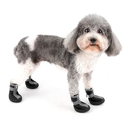Zunea Pfotenschutz Hundestiefel für Kleine Hunde Wasserdicht rutschfest Welpenschuhe Verstellbar Reflektierend Haustierstiefel Weiche Chihuahua Pfotenschütz Schuhe für Spazierengehen Schwarz 3#