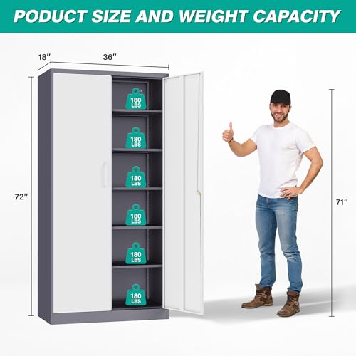 Image of Wide & Deep Metal Storage Cabinet with 2 Doors and 5 Adjustable Shelves,72 inch Tall Locking Garage Storage Cabinet with Lock,Gray White Pantry Cabinets,Steel Cabinets for Home,Office,Garage 72x36x18