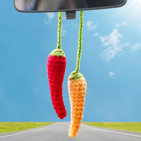 Crochet Chili Pepper Rear View Mirror Accessories, Car Mirror Hanging Accessories, Cute Car Accessories for Women Interior Car Hanging Ornament Car Decor/Bag Charms (Chili Pepper) Cover
