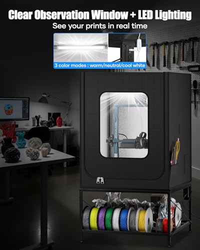 Image of 3D Printer Table with Enclosure - Heavy Duty 3D Printing Workstation with 2-Tier Filament Storage Rack, Waterproof & Constant Temperature Cover with LED Light Fits Most FDM Printers