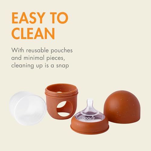 Image of Boon Nursh Reusable Silicone Pouch Baby Bottles - Slow Flow Nipple - Silicone Baby Bottle Pouch and Nipple - Baby Feeding Essentials - Speckle - 0-3 Months - 3 Count - 4 Ounce (Pack of 12)