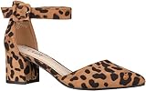ILLUDE Women’s Heels Pointy Closed Toe Pump Ankle Strap Chunky Low Block Heels (6.5, Leopard Suede)